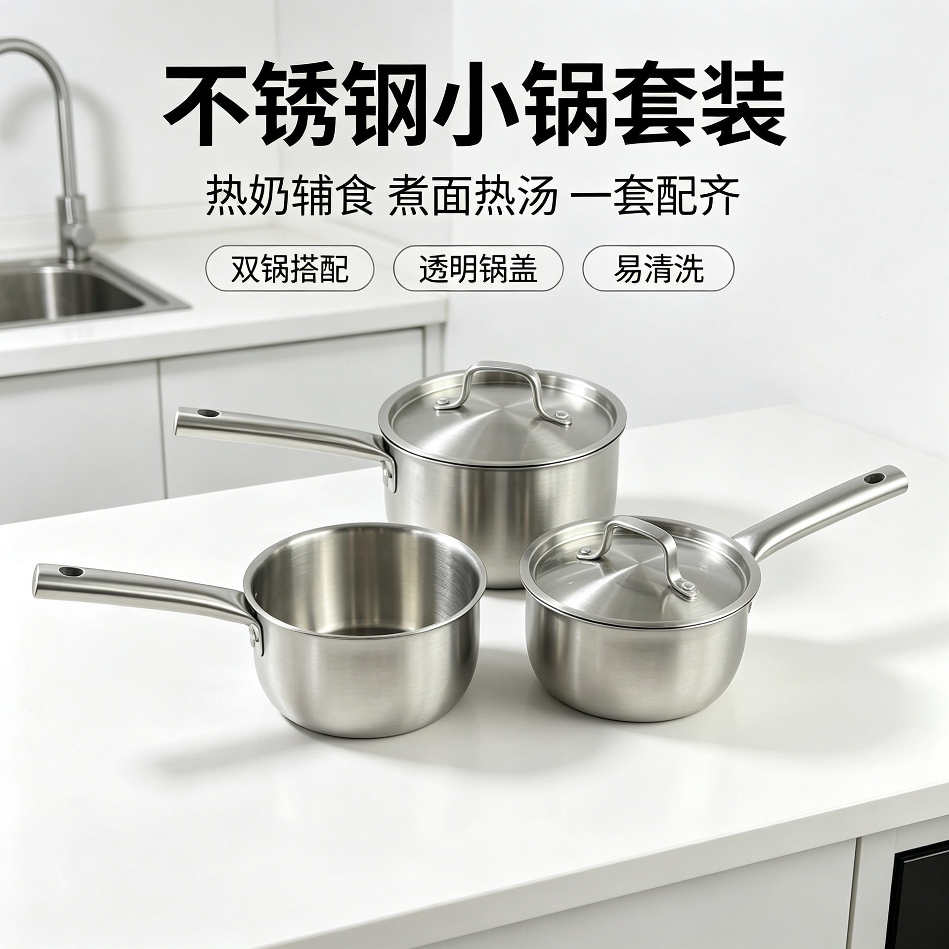 304加厚不锈钢热奶锅家用小锅不粘锅蒸锅婴儿宝宝辅食锅 汤锅20CM