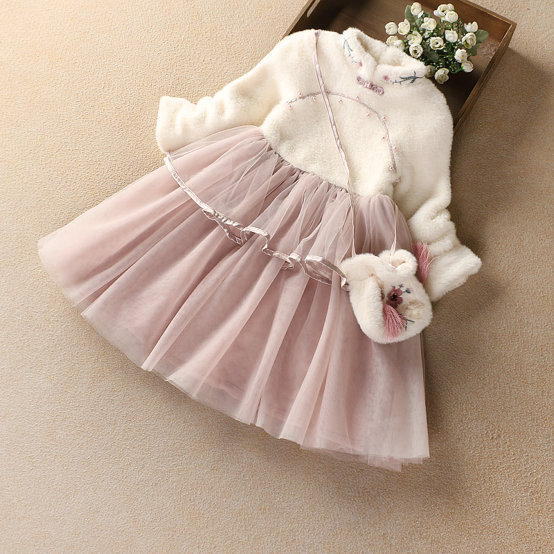 糯米团童品冬款复古风女童连衣裙中国风儿童加绒毛衣裙钉珠公主裙