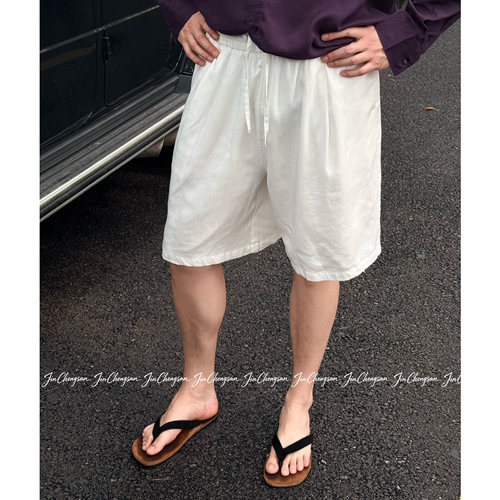 【金乘三】夏季男士老钱风亚麻莱赛尔休闲宽松透气五分短裤简约