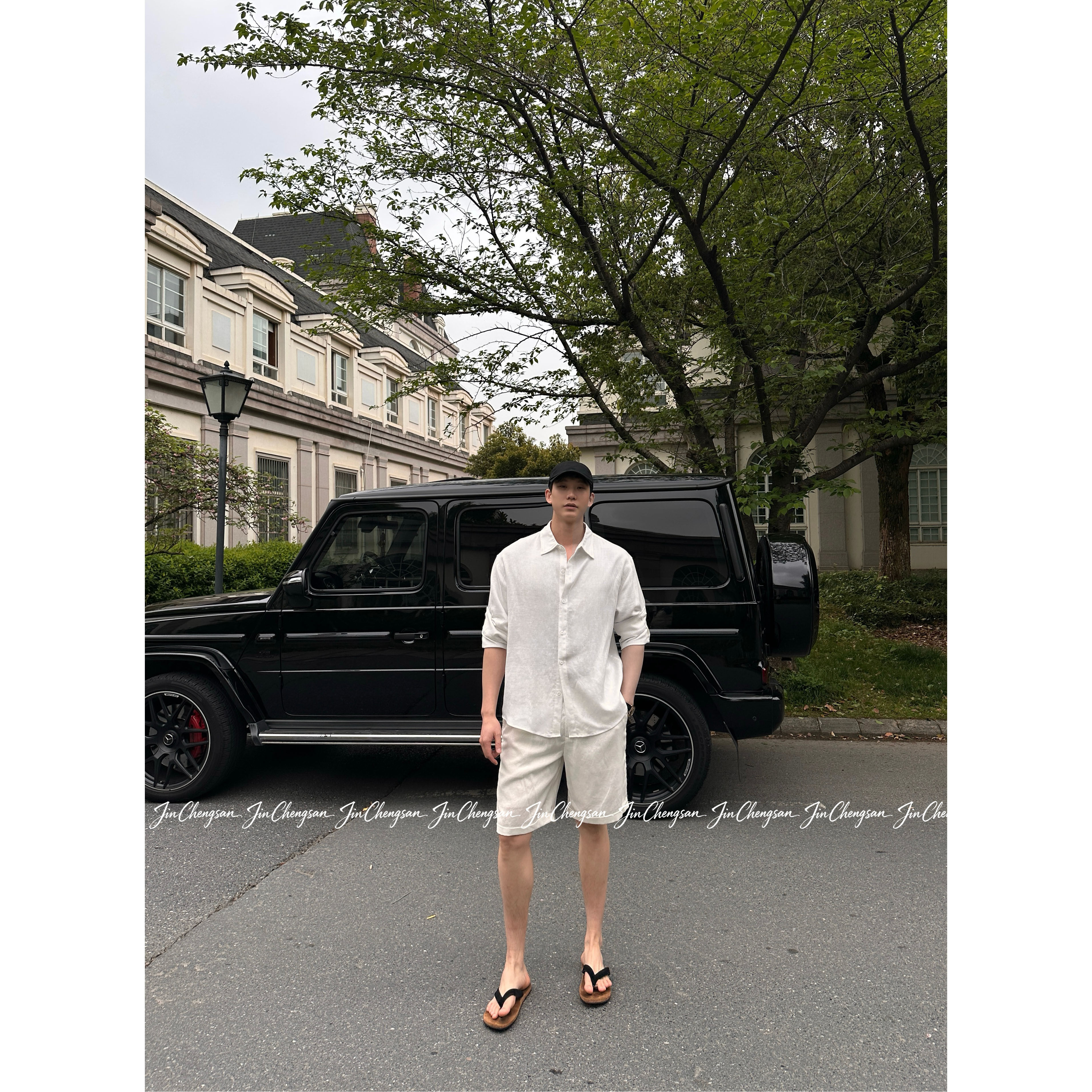 GGG金乘三 夏季松弛感老钱风休闲宽松男士亚麻衬衫套装