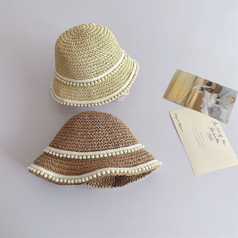 小清新儿童双层珍珠草帽夏日花边女童宝宝手工编织沙滩帽遮阳帽