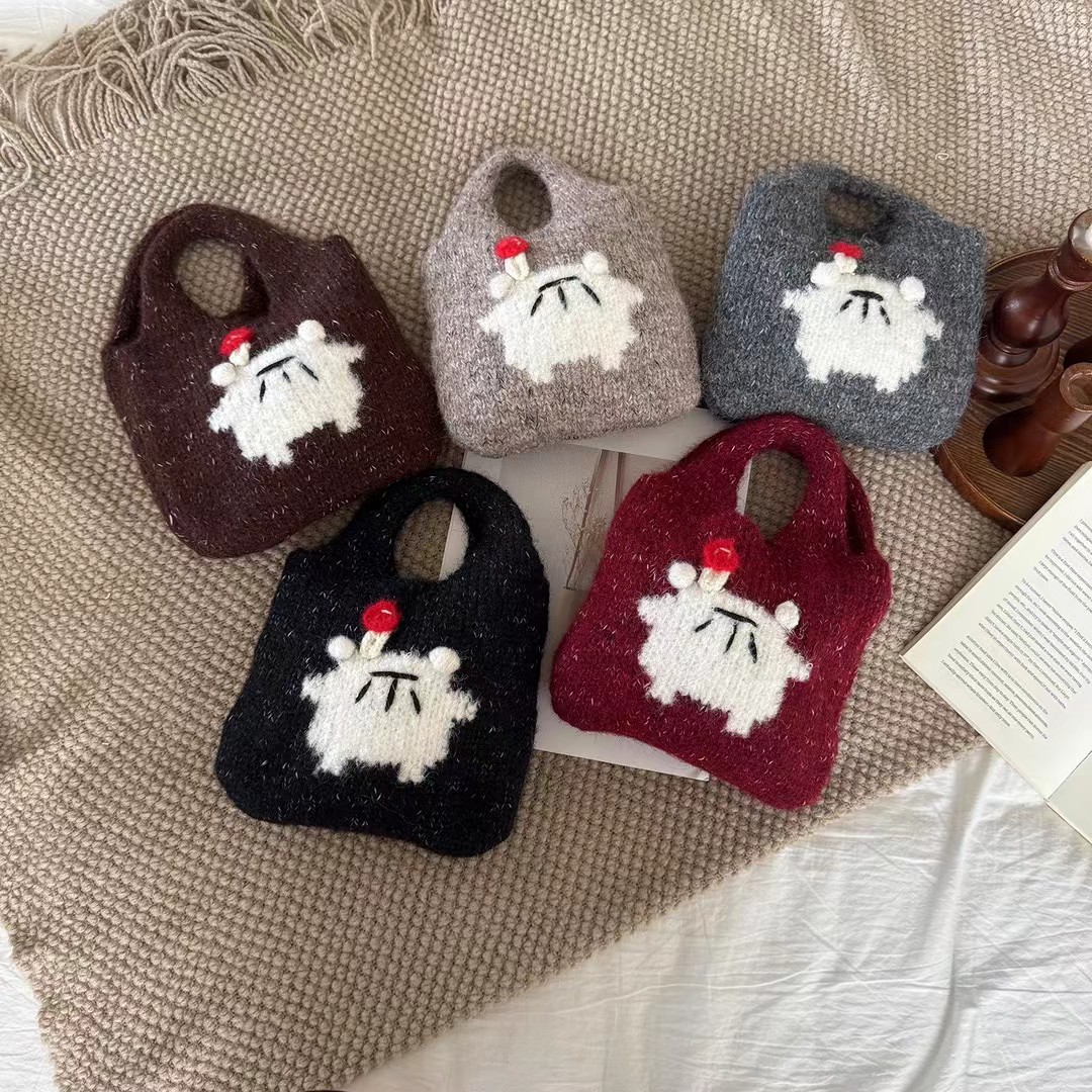 儿童针织包可爱卡通红色手提包毛绒手拎包秋冬编织袋休闲小包包