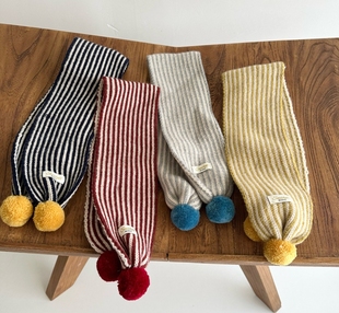 儿童秋冬保暖针织围巾宝宝韩系彩色毛球围脖男女童条纹护脖防寒潮