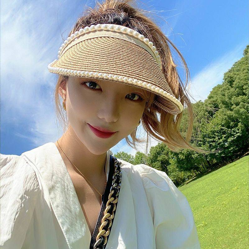 DIY珍珠空顶帽子韩式女防晒韩版夏季百搭小清新草帽遮阳太阳帽