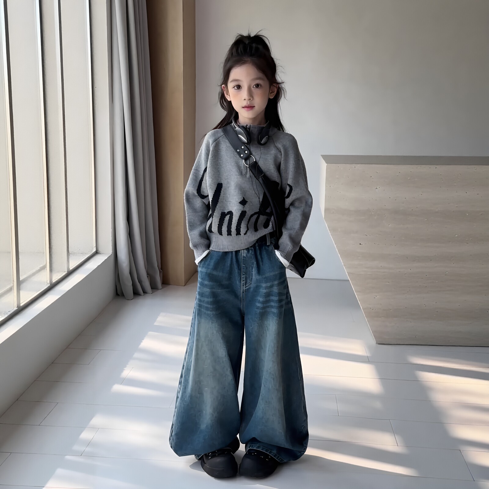 女童半拉链字母毛衣阔腿裤套装