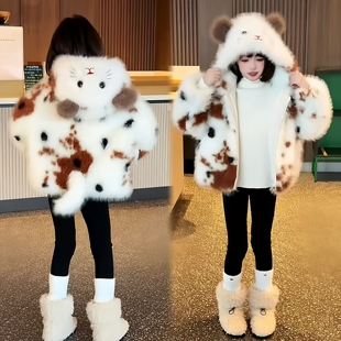 皮草毛毛保暖棉服韩版 女童加厚萌趣可爱卡通猫咪连帽外套冬季 新款