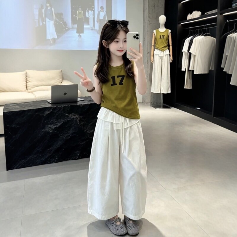 女童时尚背心屁帘阔腿裤套装