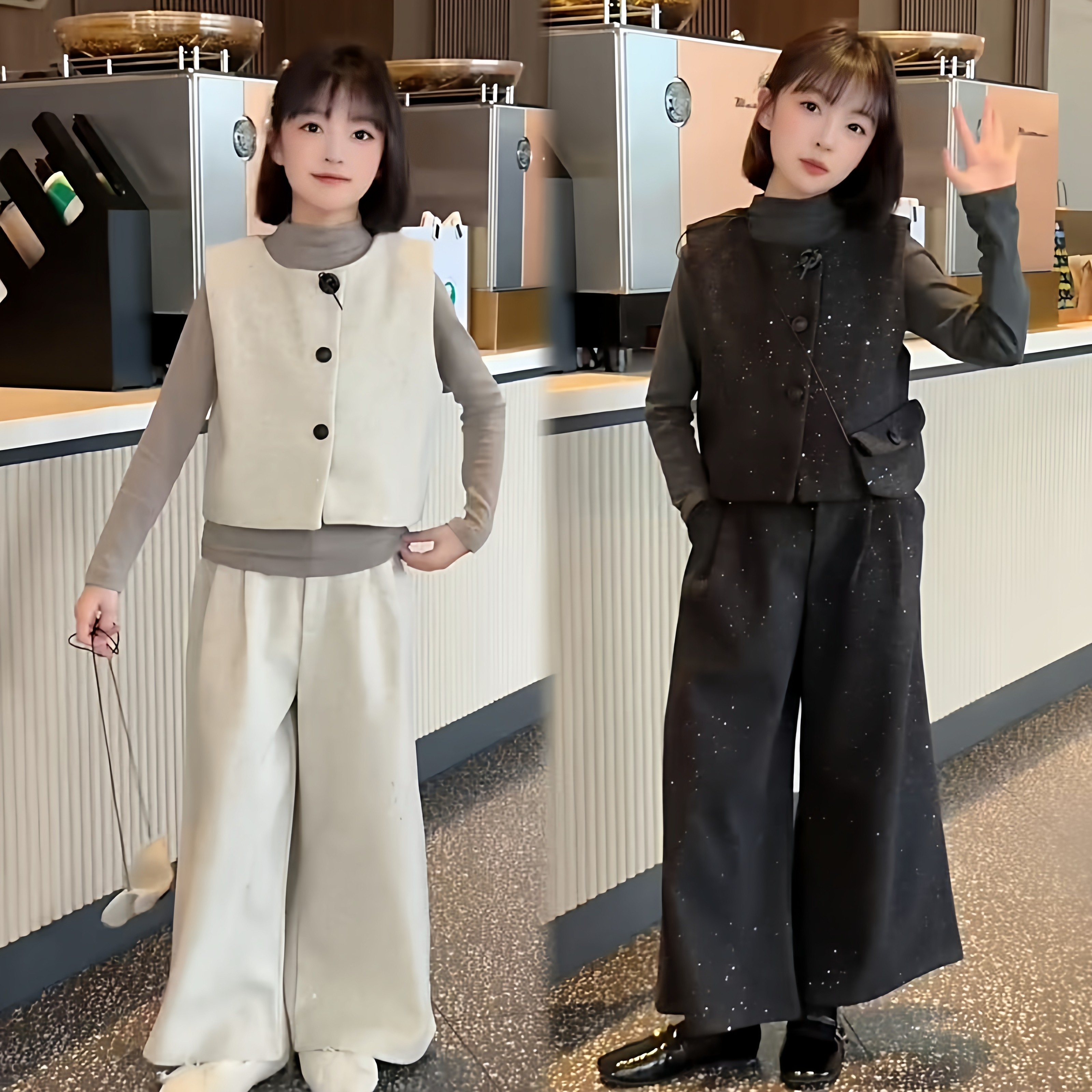 女童韩版气质超好看过年穿搭设计感撒银马甲阔腿裤打底衫三件套潮,童装/婴儿装/亲子装,套装,淘宝优惠券,粉丝福利购,淘宝优惠卷