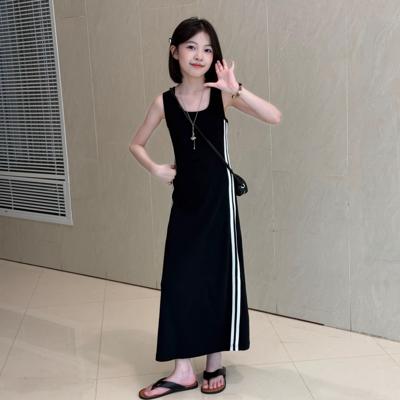 女童甜酷风修身纯色背心长裙子