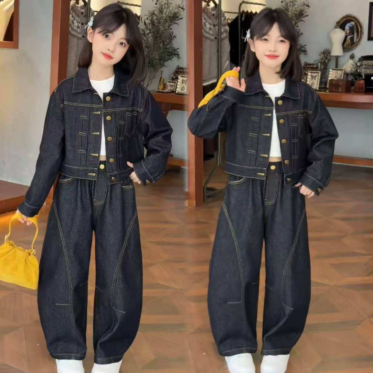 女童春季新款美式复古工装短款牛仔外套弯刀阔腿裤潮酷炸街套装韩