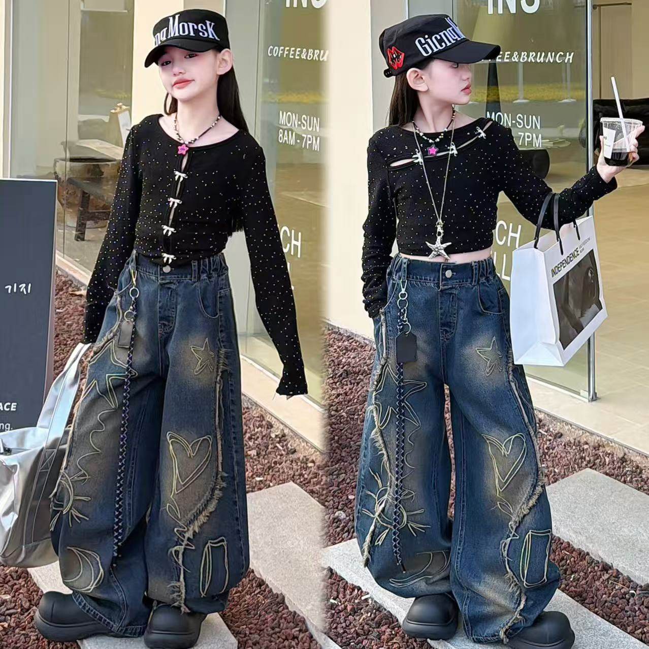 女童甜酷设计感镂空烫钻上衣复古做旧毛边个性牛仔弯刀裤炸街套装,童装/婴儿装/亲子装,套装,淘宝优惠券,粉丝福利购,淘宝优惠卷