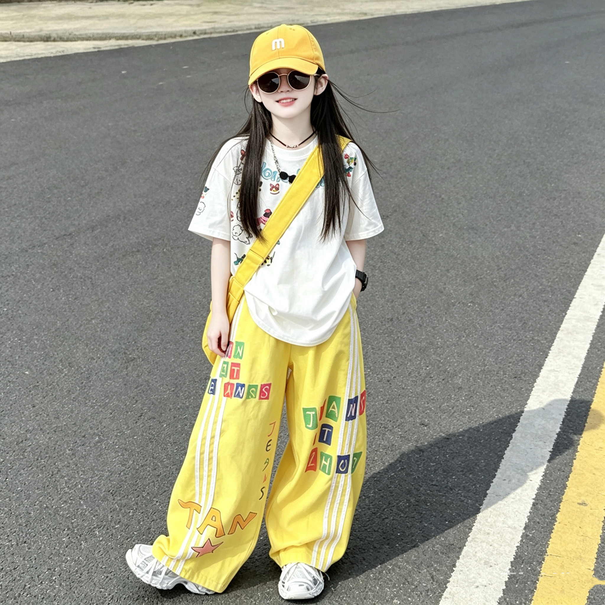 多巴胺黄色夏季美式字母工装弯刀裤女童手绘卡通涂鸦短袖套装潮酷