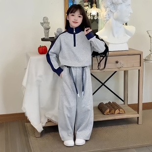 女童美式复古慵懒风潮酷中大童拼色立领半拉链卫衣休闲裤运动套装