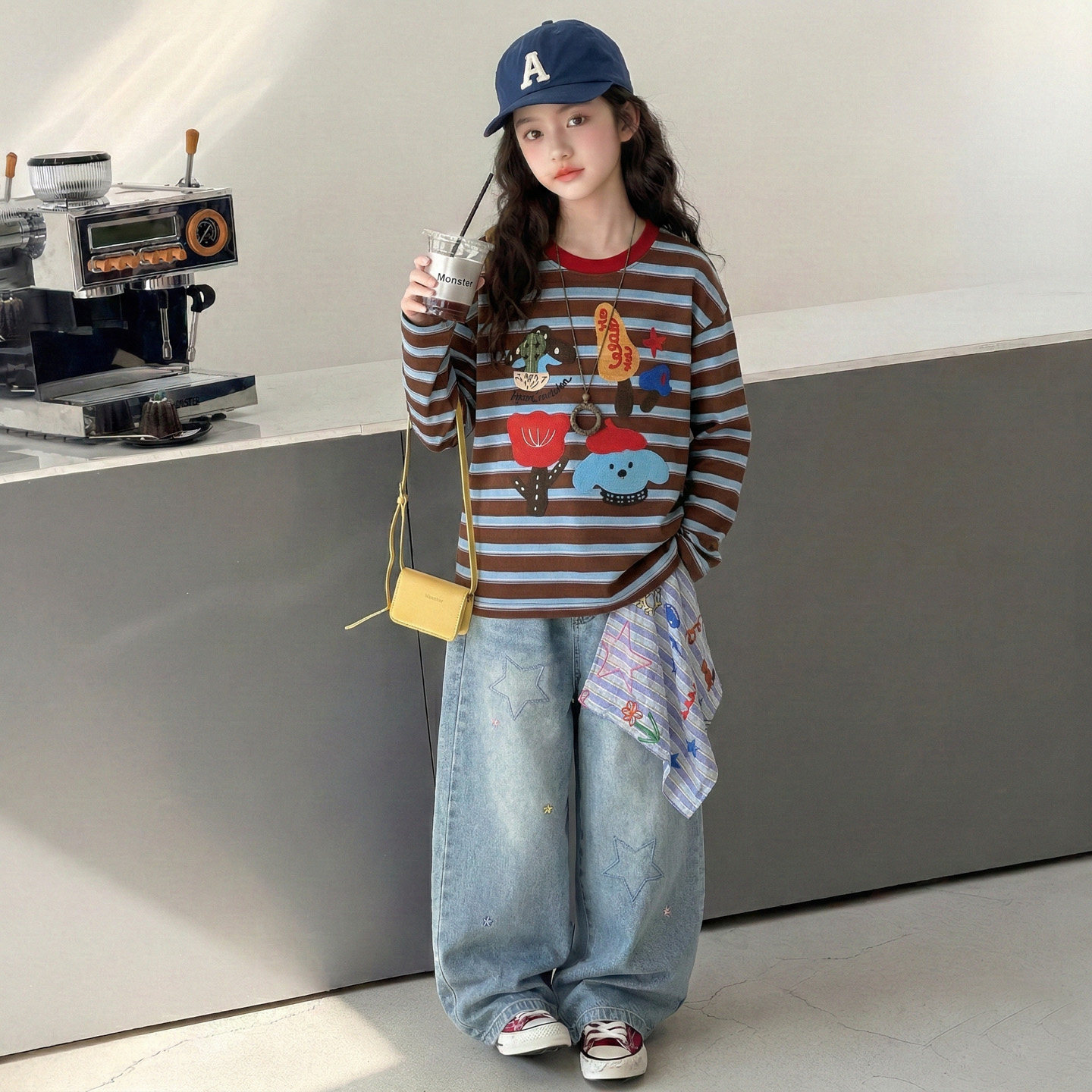 女童韩系撞色条纹卡通上衣设计感方巾牛仔裤初中生时尚春秋套装潮