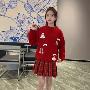 超好看女童过年穿搭加厚卡通圣诞氛围感红色毛衣百褶裙学院风套装