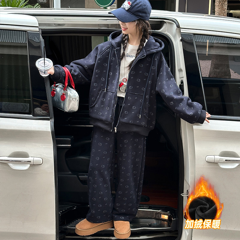 超好看加厚一体绒女童满印卡通KT猫连帽卫衣外套阔腿裤运动套装潮