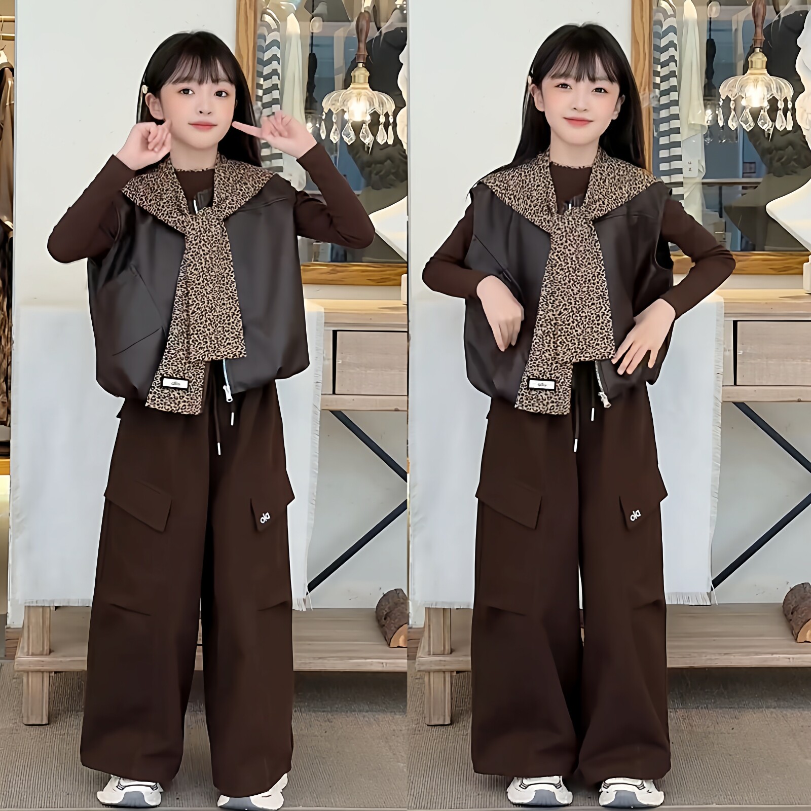 女童春秋美拉德色高级感皮衣马甲豹纹披肩时尚休闲工装裤三件套潮