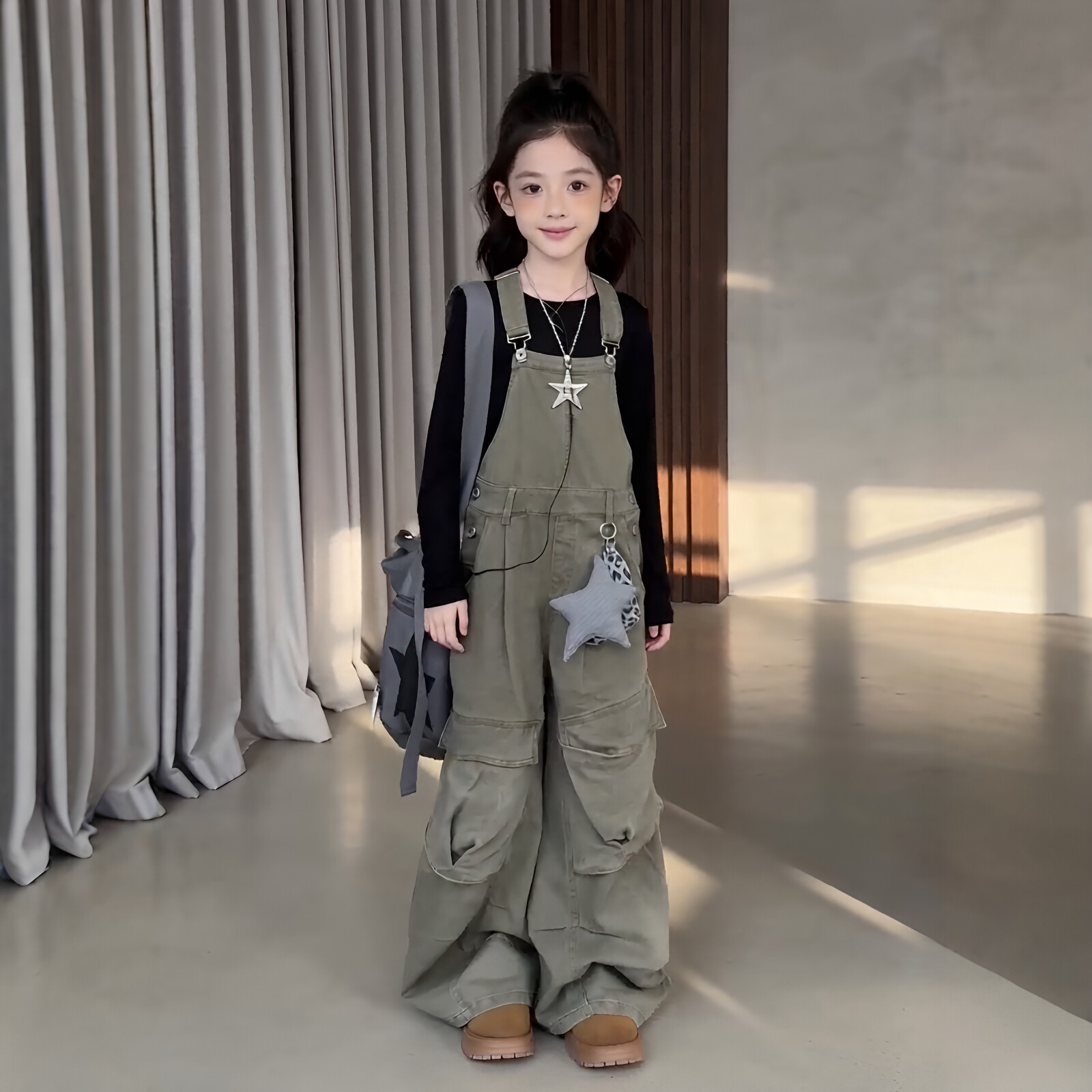 女童美式复古多口袋工装风背带裤