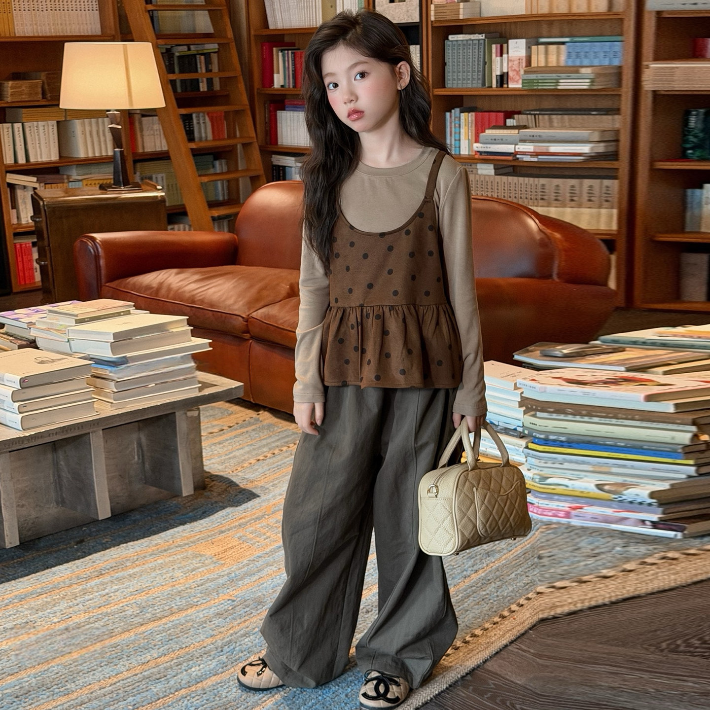 女童波点吊带打底衫阔腿裤三件套