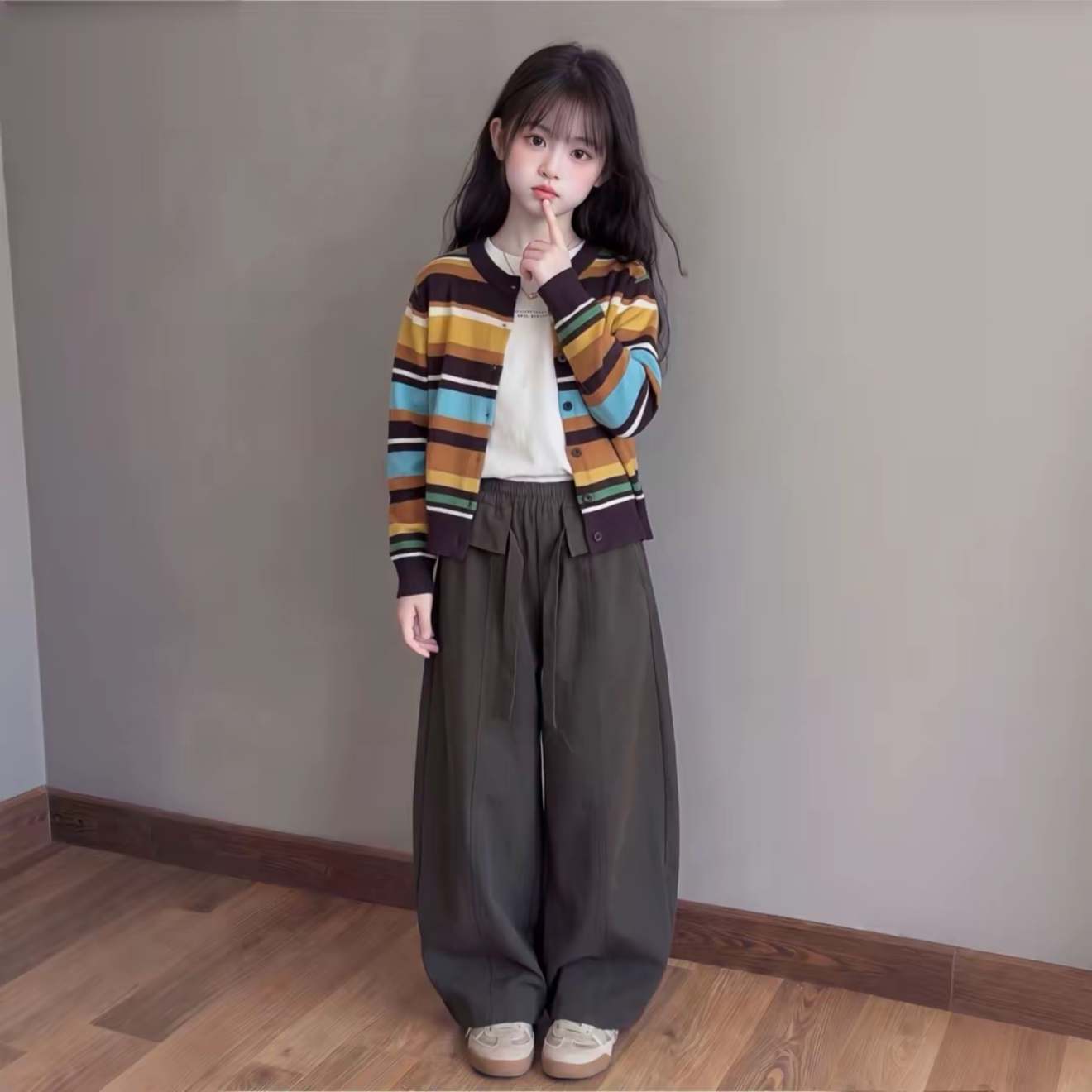 女童彩色条纹毛衣开衫阔腿裤套装