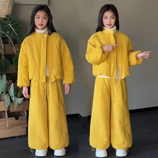 女童冬季新款棉服套装韩范潮酷立领加厚棉衣外套宽松阔腿裤两件套