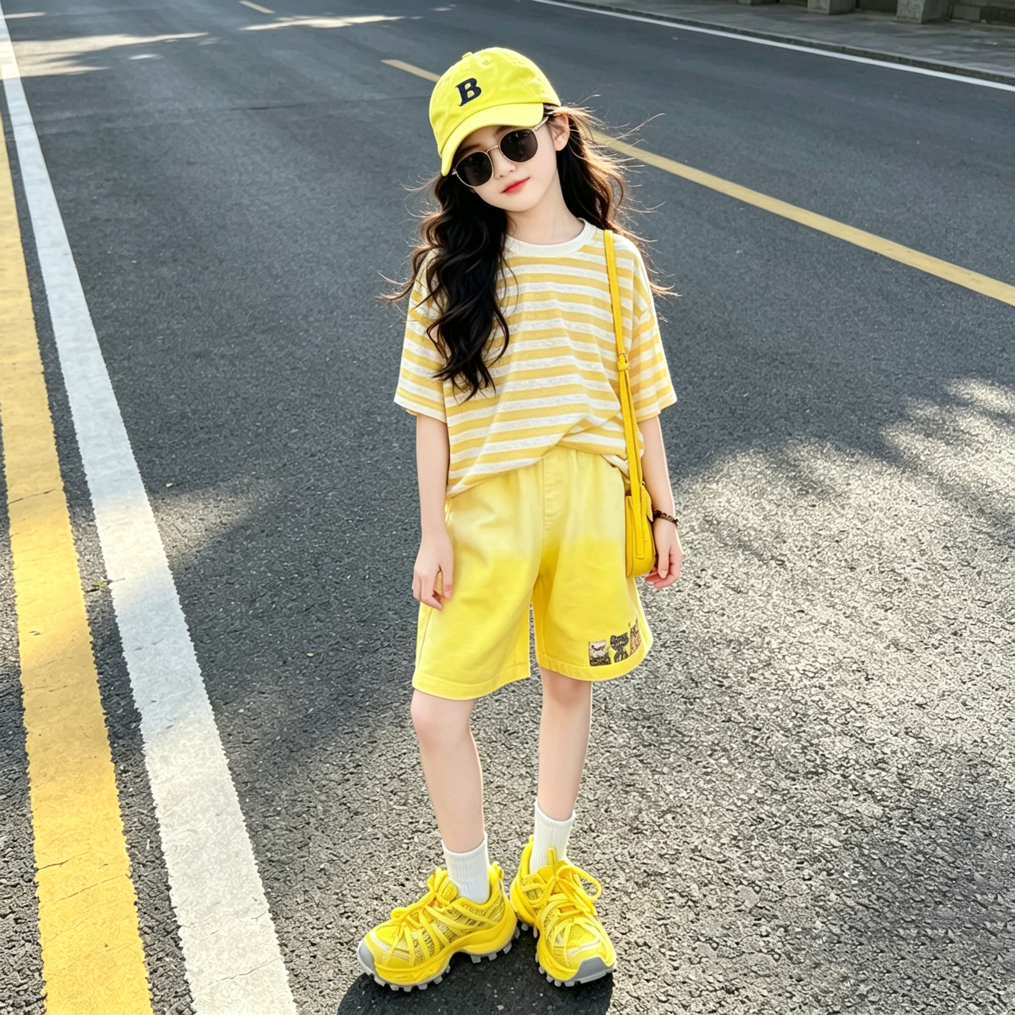 女童轻薄条纹短袖渐变色裤子套装