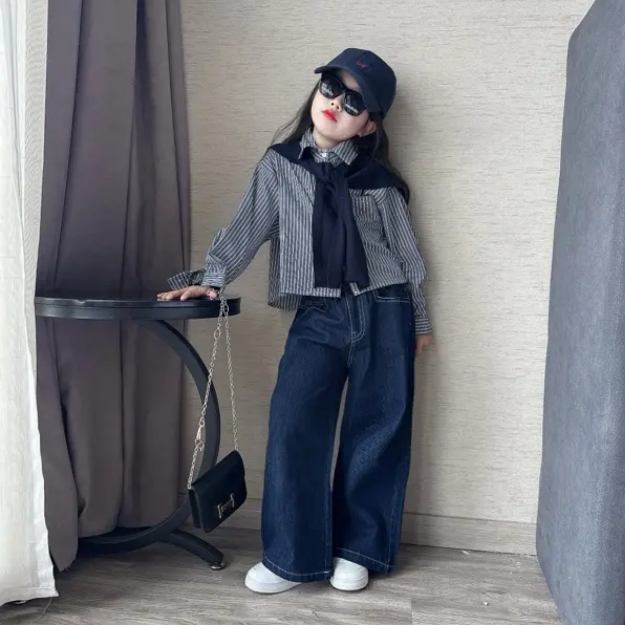 女童披肩条纹衬衫阔腿裤套装