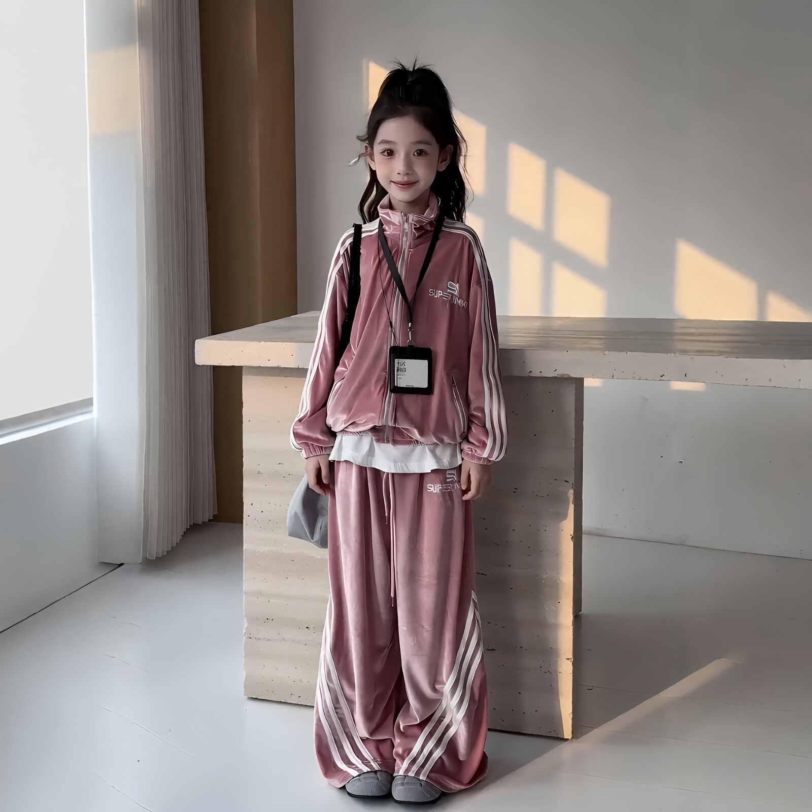 女童拉条立领外套阔腿裤粉色套装