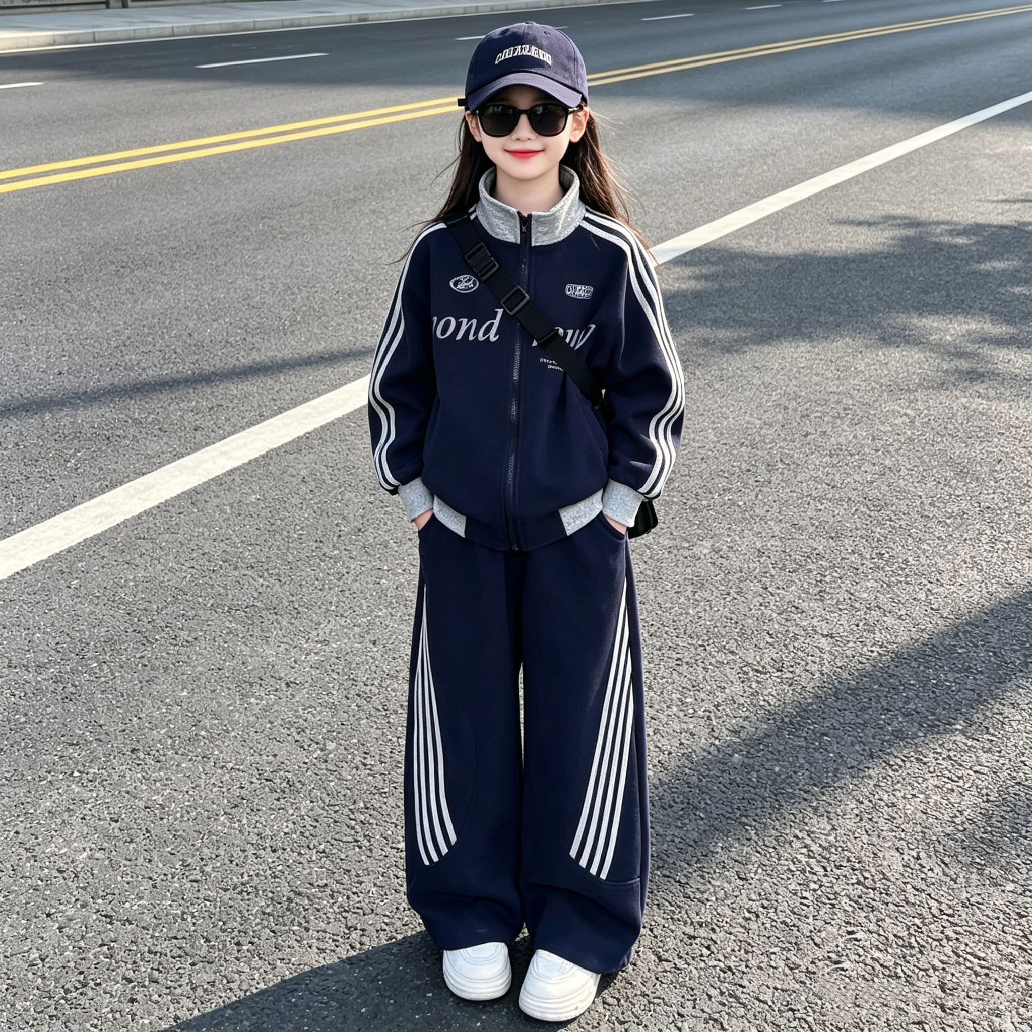 女童立领外套阔腿裤加绒两件套超