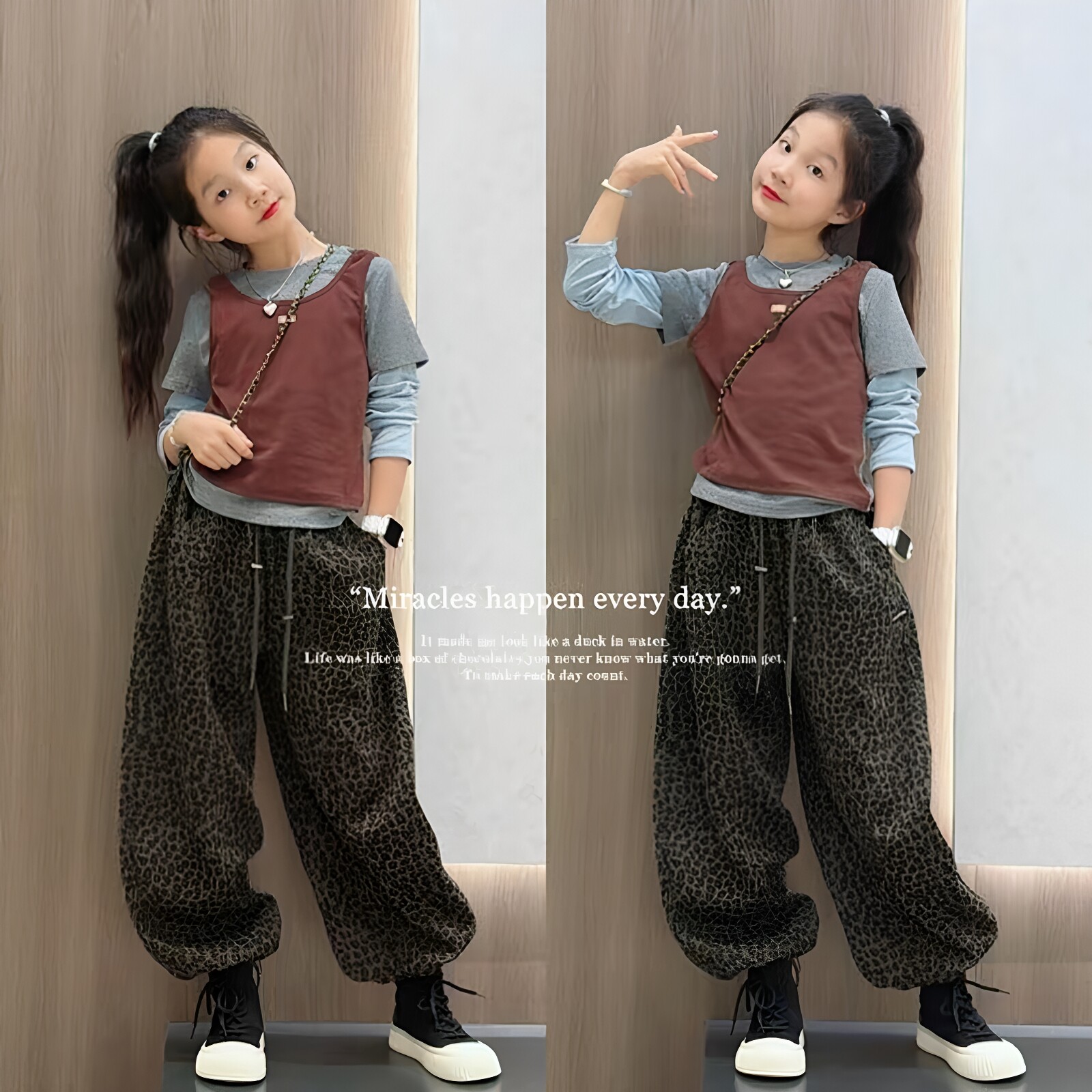 女童秋季假三件长袖豹纹裤套装