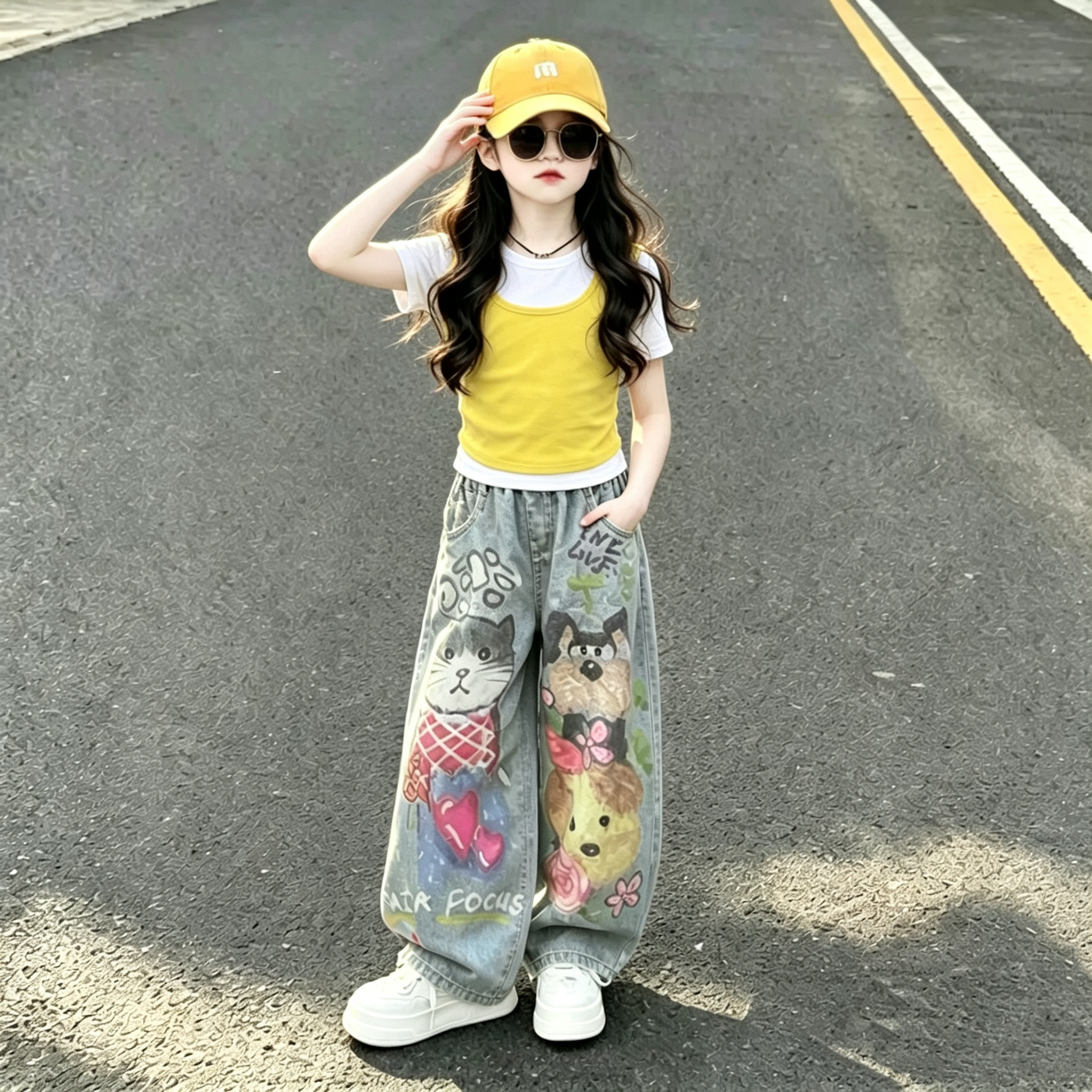 女童假两件短袖涂鸦牛仔裤套装