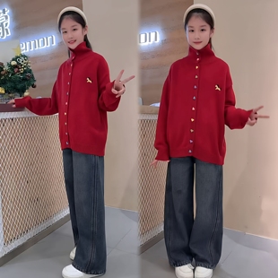 女童本命年红色毛衣冬季新款加厚中大童彩色扣子新年针织开衫韩版