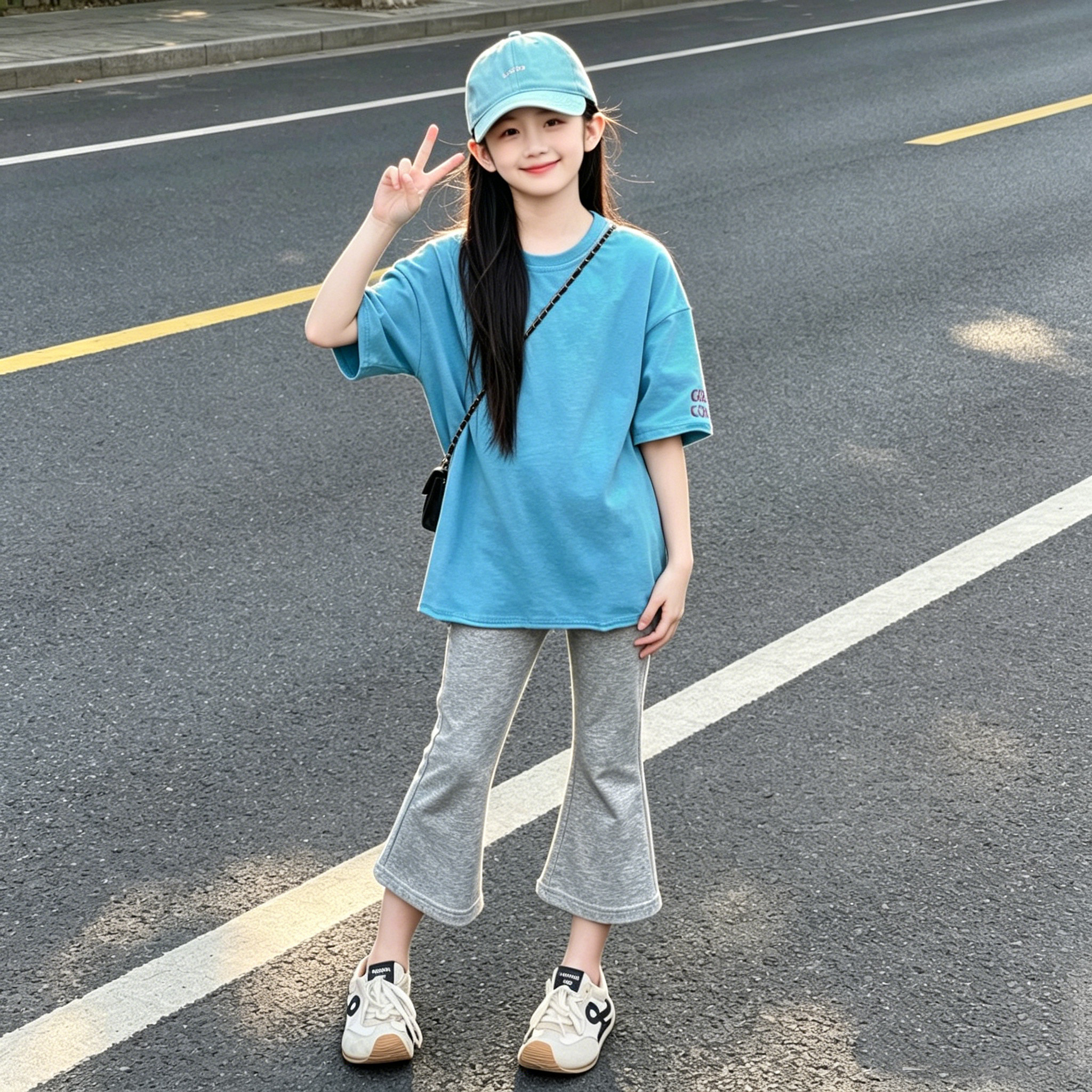 女童纯色短袖七分喇叭裤套装