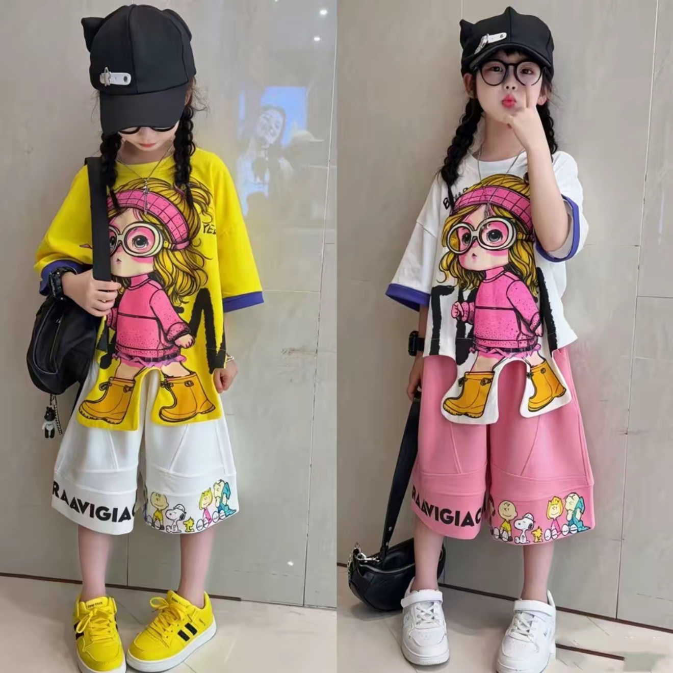 趣味小女孩立体印花T恤短裤套装