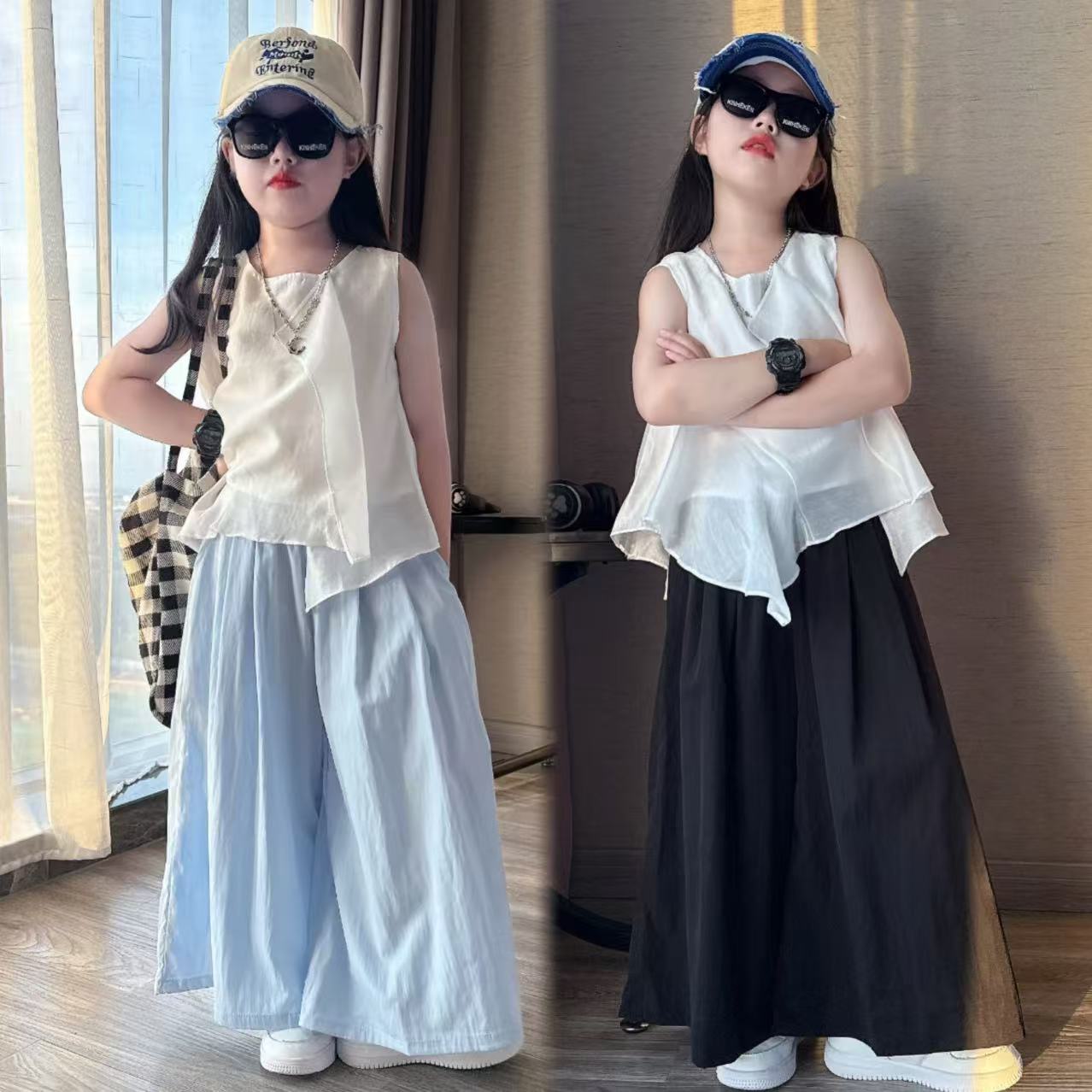 女童夏季新款韩版气质时髦不规则无袖背心百搭阔腿裤小清新套装潮
