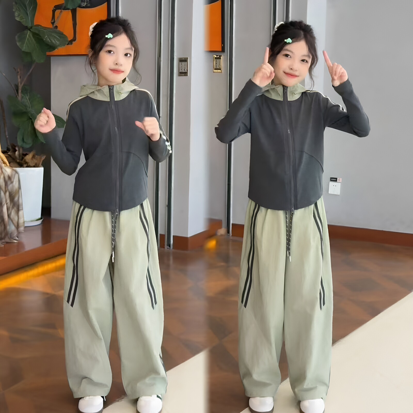 女童修身拼色连帽外套弯刀裤套装