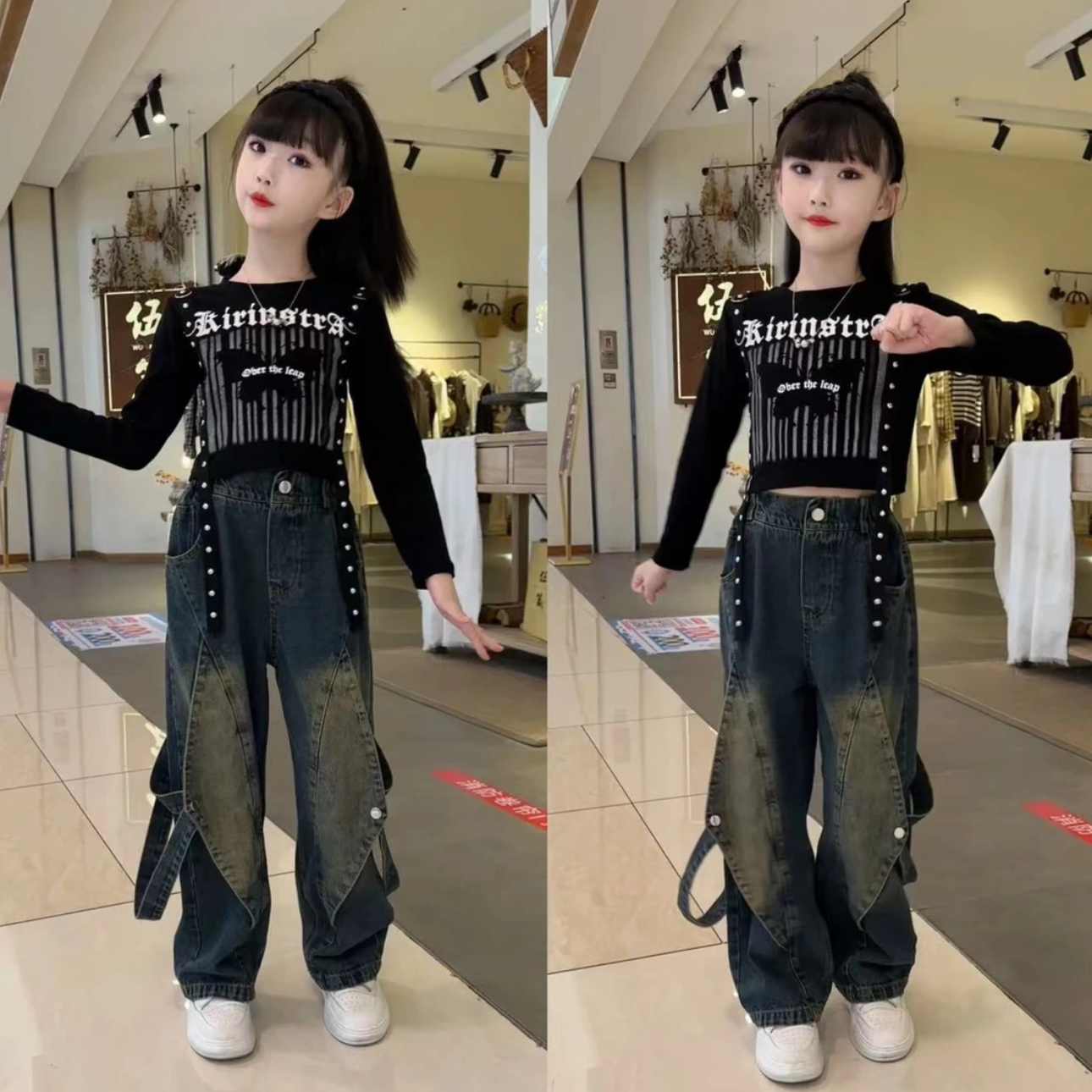 女童飘带打底衫设计感牛仔裤套装