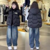 女童羽绒棉马甲外套冬季 加厚保暖字母刺绣百搭连帽套校服马夹韩版