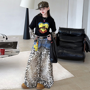 潮酷女童美式假两件豹纹拼接上衣设计感复古辣妹阔腿裤爵士舞套装