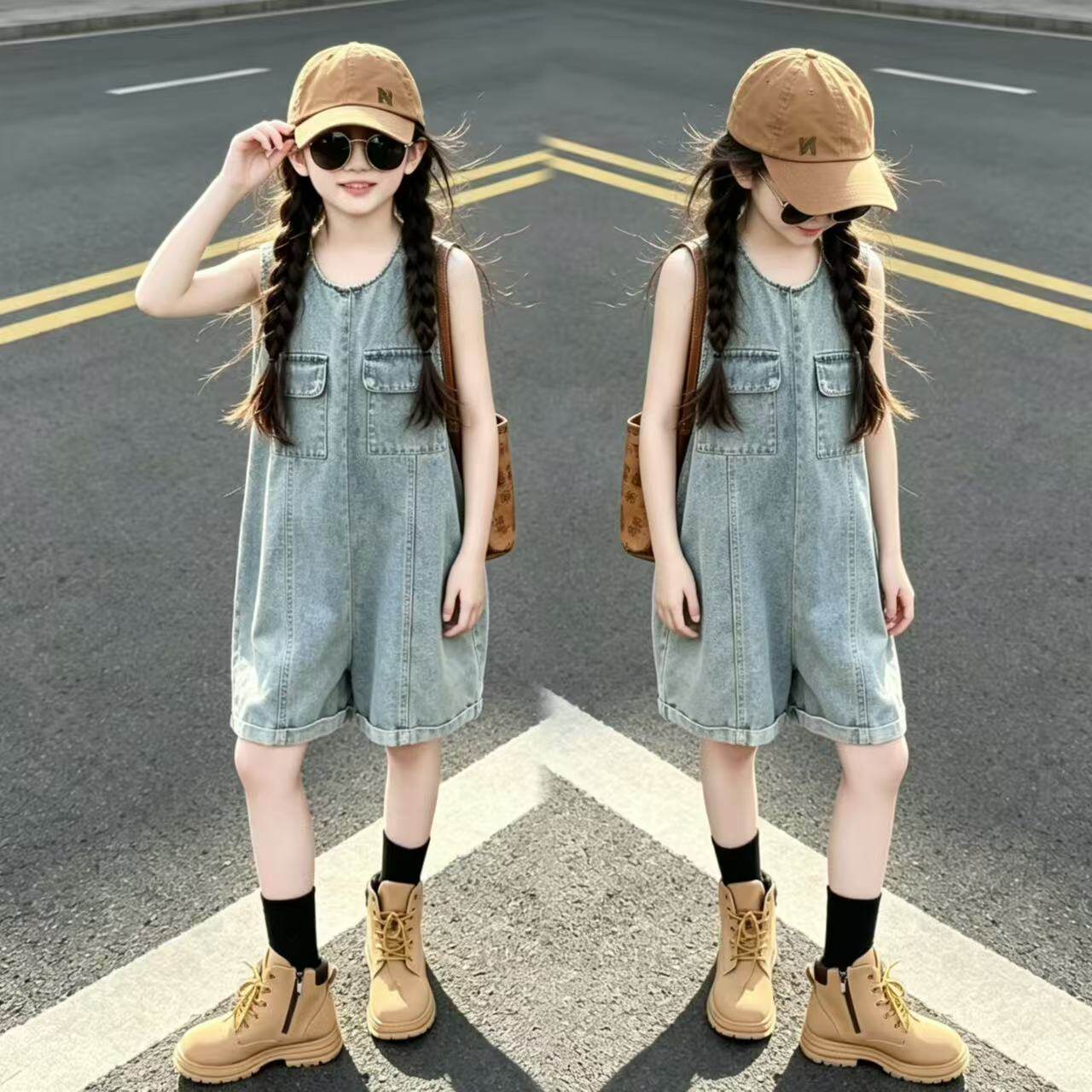 2026夏季新款女童夏季潮酷炸街洋气复古工装无袖牛仔连体短裤韩版