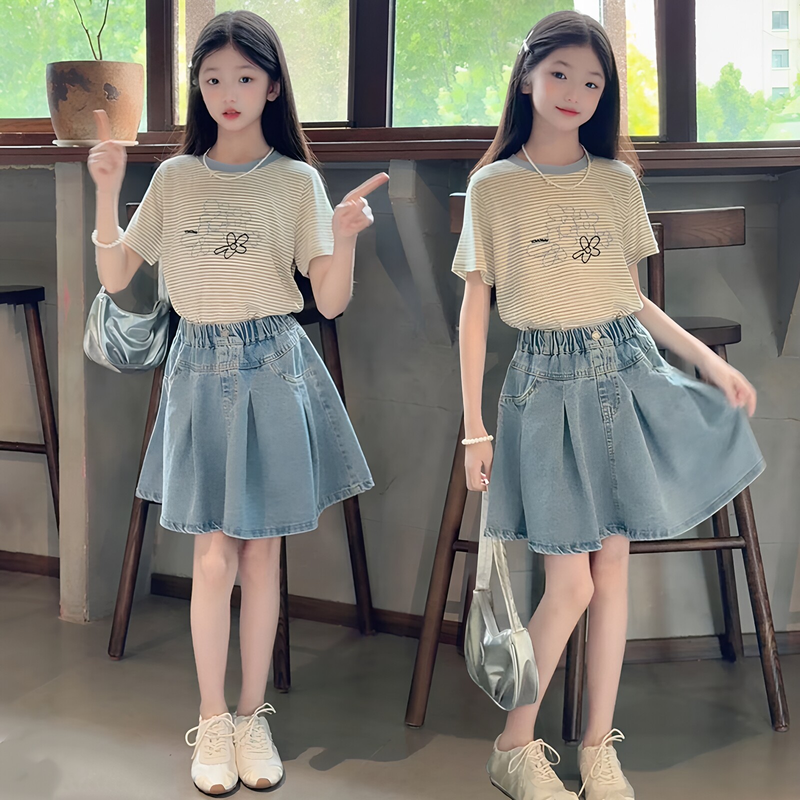 女童甜美条纹休闲短袖牛仔裙套装