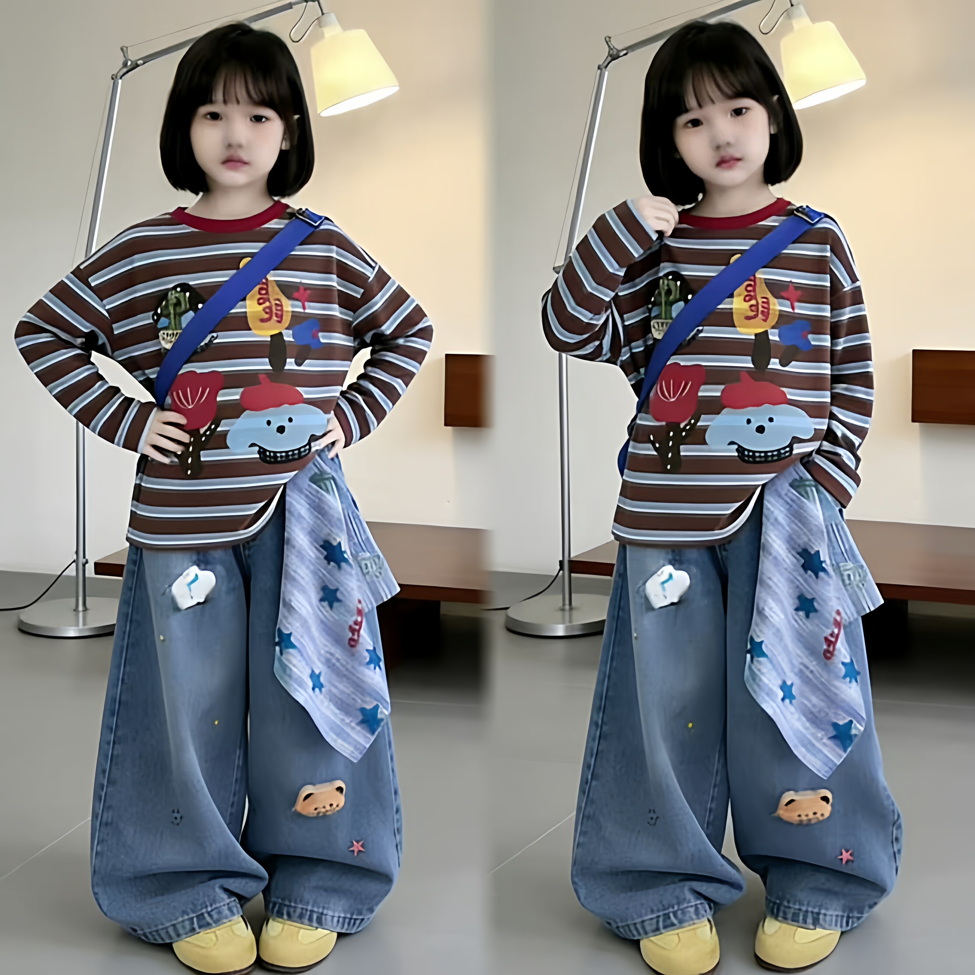 春秋女童韩系卡通条纹卫衣设计感刺绣星星格纹方巾牛仔弯刀裤套装