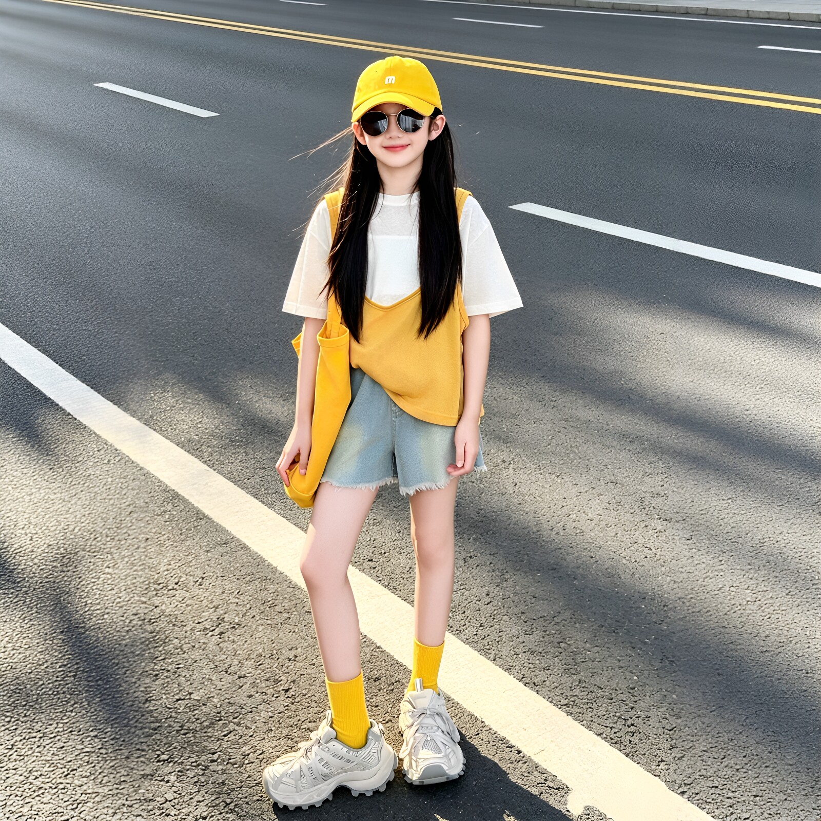 女童背心叠穿短袖毛边短裤三件套