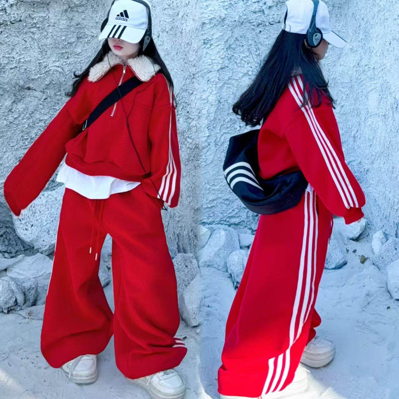 女童红色本命年半拉链翻领卫衣阔腿裤三条杠初中生运动加绒套装韩