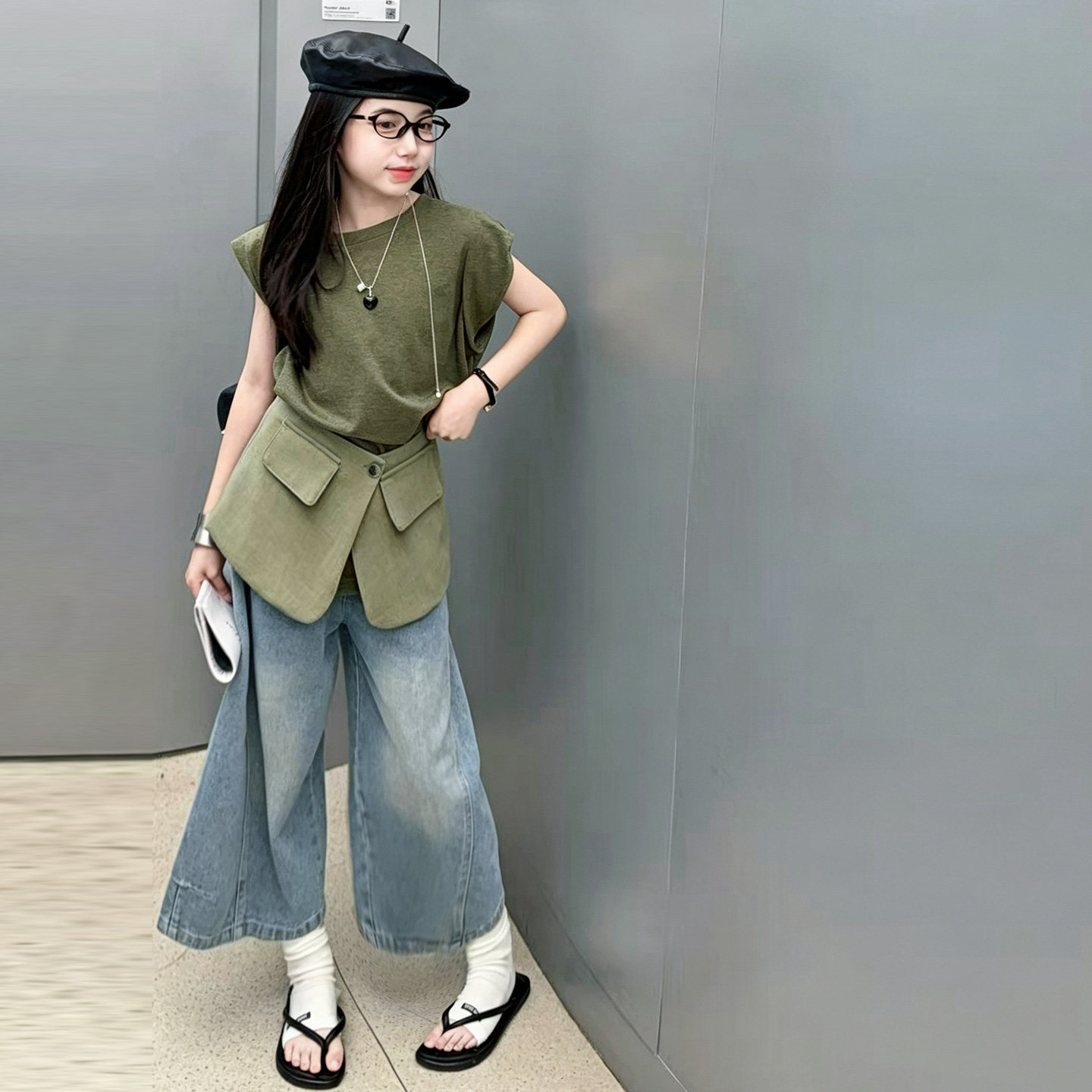 女童屁帘腰封无袖上衣阔腿裤套装