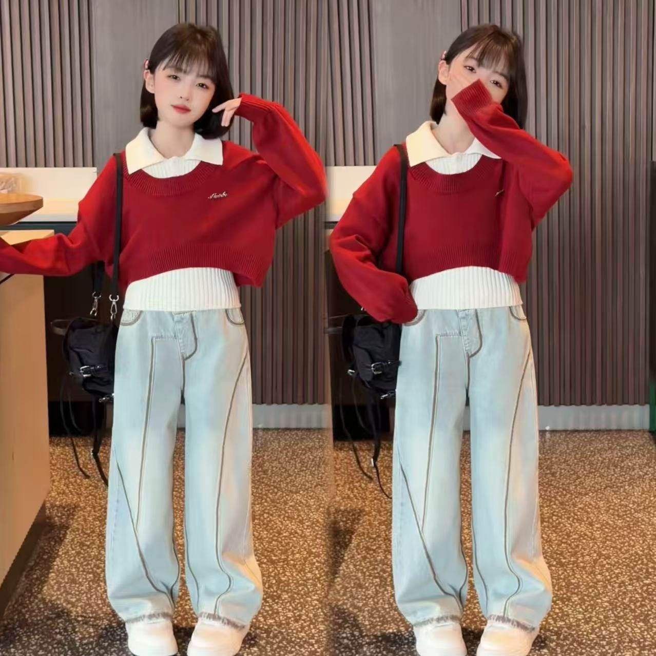 女童韩系时尚设计感叠穿真两件洋气毛衣个性划骨线牛仔阔腿裤套装