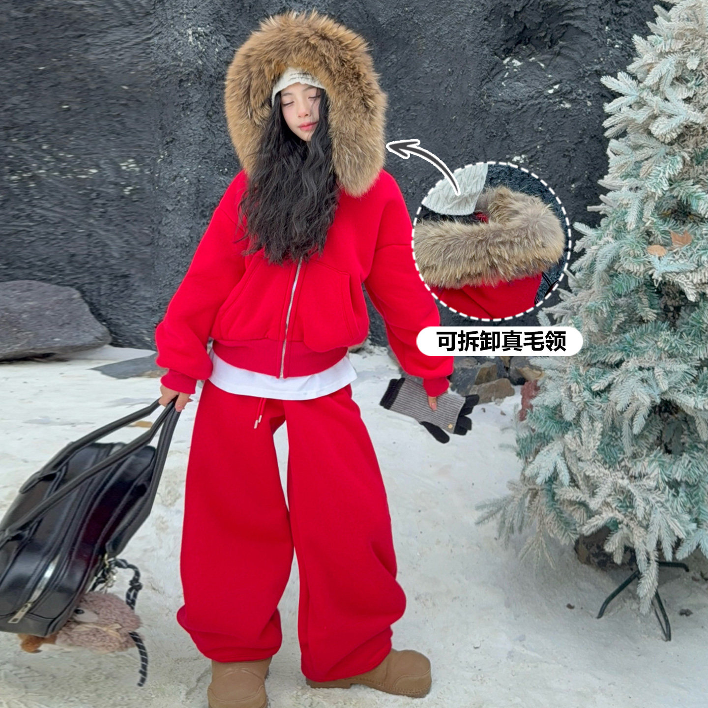 女童新年红氛围感红色真毛领加厚连帽卫衣休闲弯刀裤潮酷气质套装