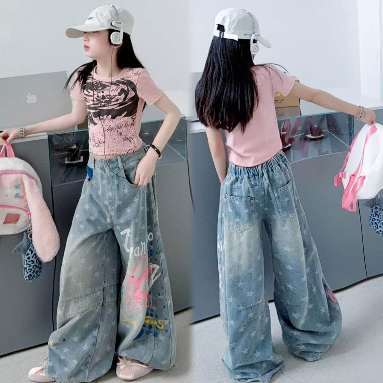 女童粉色短袖手绘牛仔弯刀裤套装
