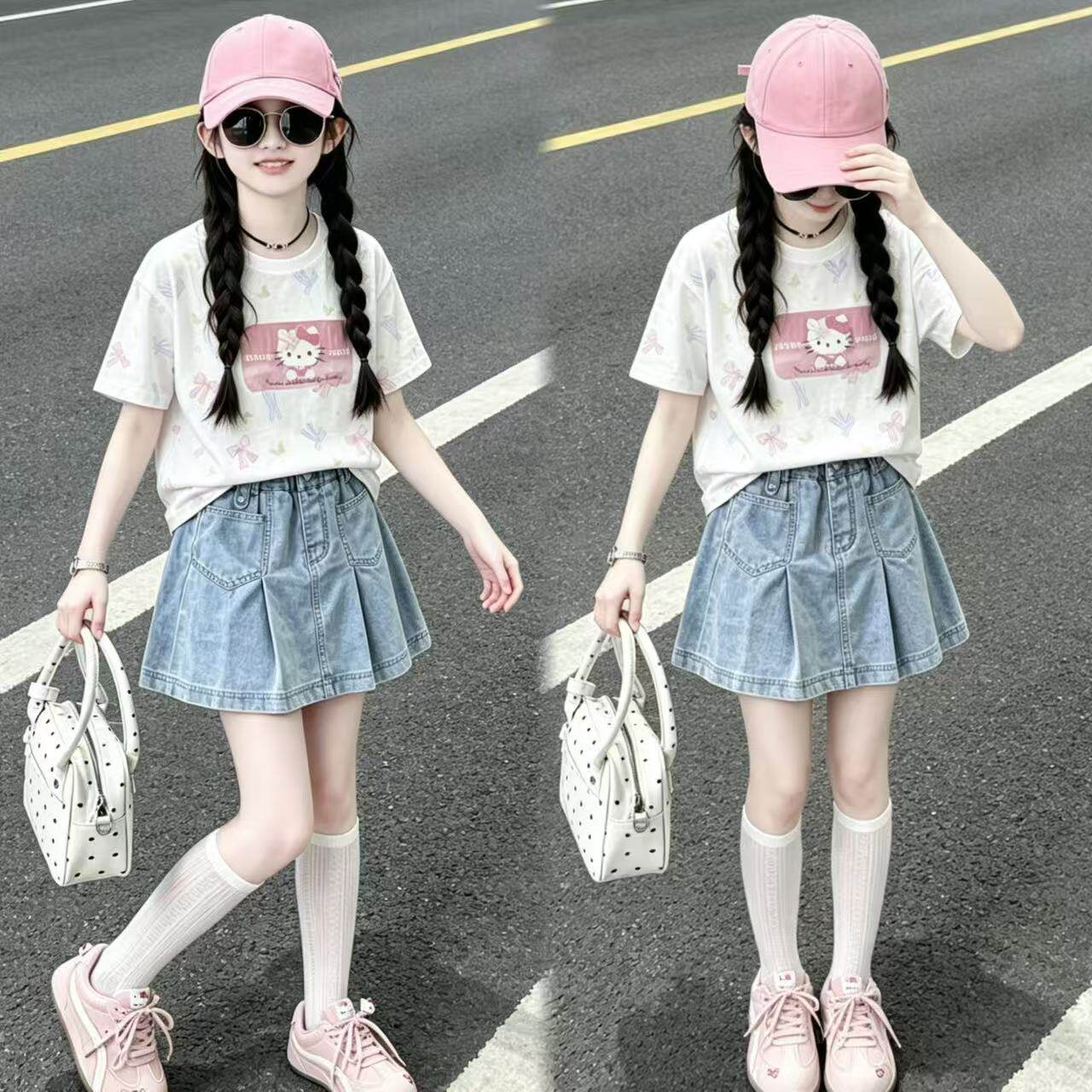 女童蝴蝶结短袖牛仔短裙套装