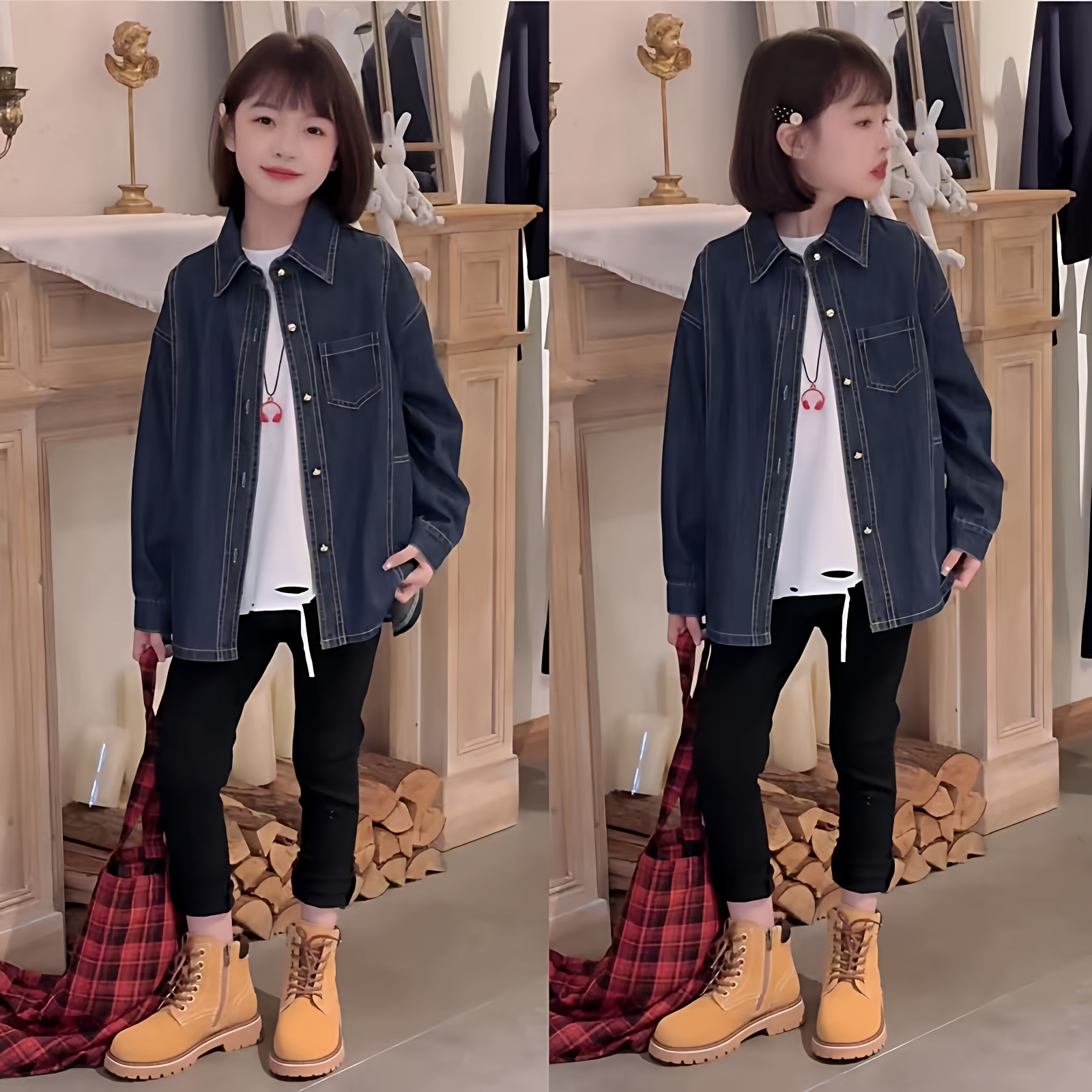 女童港风复古丹宁牛仔衬衫外套